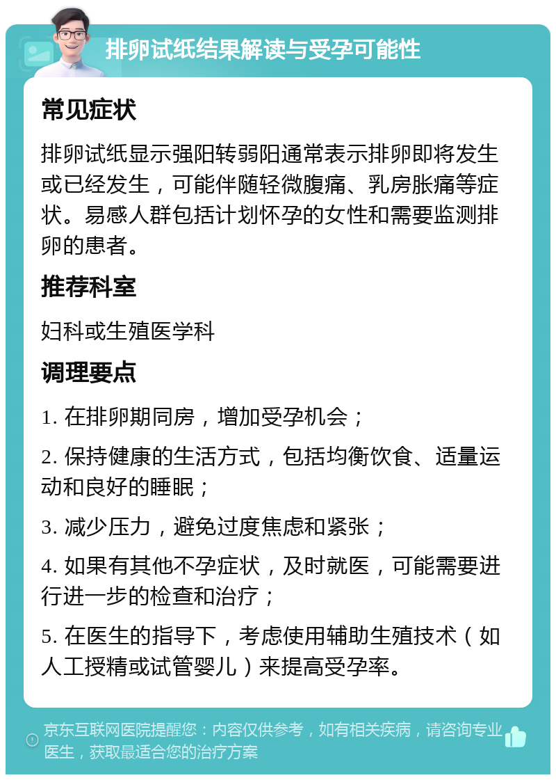 排卵试纸结果解读与受孕可能性 常见症状 排卵试纸显示强阳转弱阳通常表示排卵即将发生或已经发生，可能伴随轻微腹痛、乳房胀痛等症状。易感人群包括计划怀孕的女性和需要监测排卵的患者。 推荐科室 妇科或生殖医学科 调理要点 1. 在排卵期同房，增加受孕机会； 2. 保持健康的生活方式，包括均衡饮食、适量运动和良好的睡眠； 3. 减少压力，避免过度焦虑和紧张； 4. 如果有其他不孕症状，及时就医，可能需要进行进一步的检查和治疗； 5. 在医生的指导下，考虑使用辅助生殖技术（如人工授精或试管婴儿）来提高受孕率。