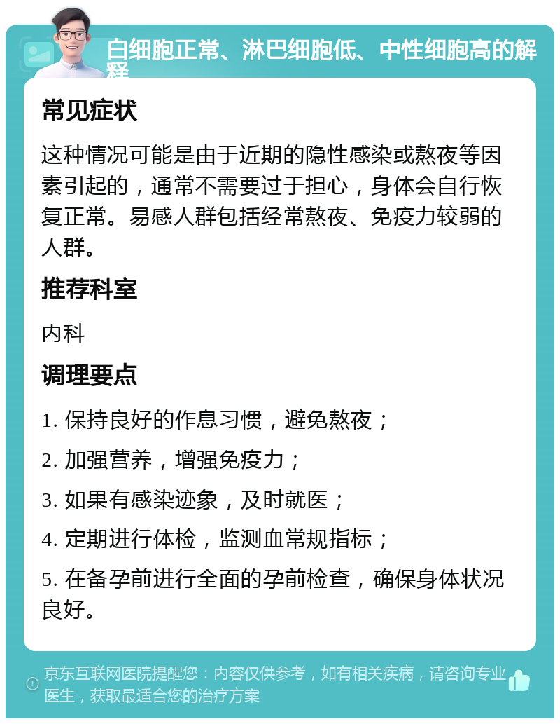 白细胞正常、淋巴细胞低、中性细胞高的解释 常见症状 这种情况可能是由于近期的隐性感染或熬夜等因素引起的，通常不需要过于担心，身体会自行恢复正常。易感人群包括经常熬夜、免疫力较弱的人群。 推荐科室 内科 调理要点 1. 保持良好的作息习惯，避免熬夜； 2. 加强营养，增强免疫力； 3. 如果有感染迹象，及时就医； 4. 定期进行体检，监测血常规指标； 5. 在备孕前进行全面的孕前检查，确保身体状况良好。