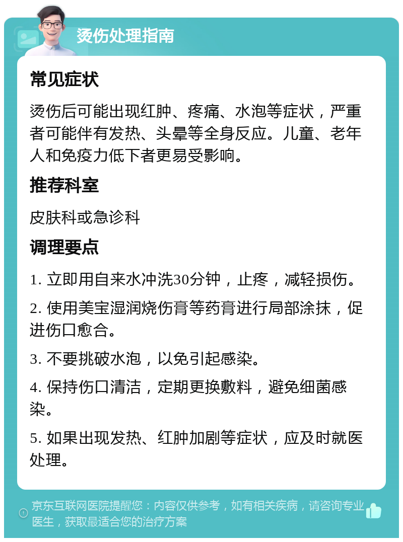 烫伤处理指南 常见症状 烫伤后可能出现红肿、疼痛、水泡等症状，严重者可能伴有发热、头晕等全身反应。儿童、老年人和免疫力低下者更易受影响。 推荐科室 皮肤科或急诊科 调理要点 1. 立即用自来水冲洗30分钟，止疼，减轻损伤。 2. 使用美宝湿润烧伤膏等药膏进行局部涂抹，促进伤口愈合。 3. 不要挑破水泡，以免引起感染。 4. 保持伤口清洁，定期更换敷料，避免细菌感染。 5. 如果出现发热、红肿加剧等症状，应及时就医处理。