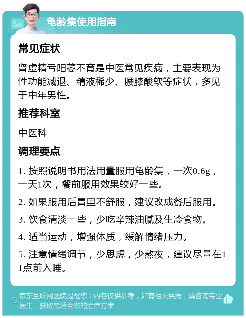 龟龄集使用指南 常见症状 肾虚精亏阳萎不育是中医常见疾病，主要表现为性功能减退、精液稀少、腰膝酸软等症状，多见于中年男性。 推荐科室 中医科 调理要点 1. 按照说明书用法用量服用龟龄集，一次0.6g，一天1次，餐前服用效果较好一些。 2. 如果服用后胃里不舒服，建议改成餐后服用。 3. 饮食清淡一些，少吃辛辣油腻及生冷食物。 4. 适当运动，增强体质，缓解情绪压力。 5. 注意情绪调节，少思虑，少熬夜，建议尽量在11点前入睡。