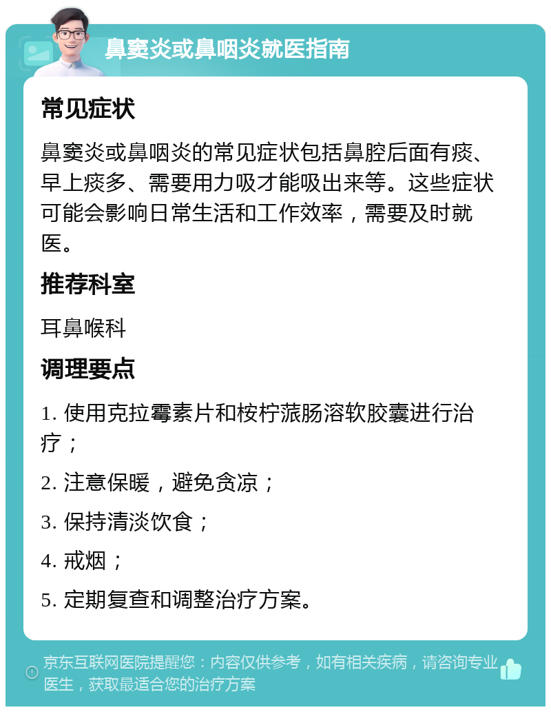 鼻窦炎或鼻咽炎就医指南 常见症状 鼻窦炎或鼻咽炎的常见症状包括鼻腔后面有痰、早上痰多、需要用力吸才能吸出来等。这些症状可能会影响日常生活和工作效率，需要及时就医。 推荐科室 耳鼻喉科 调理要点 1. 使用克拉霉素片和桉柠蒎肠溶软胶囊进行治疗； 2. 注意保暖，避免贪凉； 3. 保持清淡饮食； 4. 戒烟； 5. 定期复查和调整治疗方案。