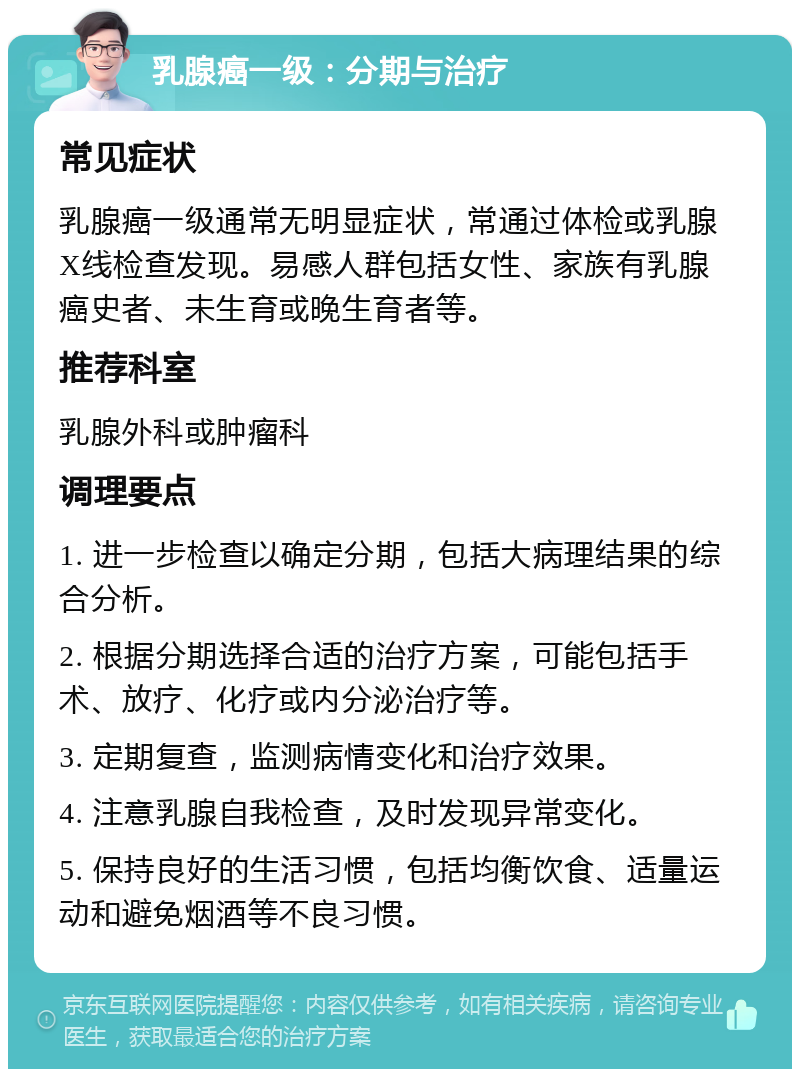 乳腺癌一级：分期与治疗 常见症状 乳腺癌一级通常无明显症状，常通过体检或乳腺X线检查发现。易感人群包括女性、家族有乳腺癌史者、未生育或晚生育者等。 推荐科室 乳腺外科或肿瘤科 调理要点 1. 进一步检查以确定分期，包括大病理结果的综合分析。 2. 根据分期选择合适的治疗方案，可能包括手术、放疗、化疗或内分泌治疗等。 3. 定期复查，监测病情变化和治疗效果。 4. 注意乳腺自我检查，及时发现异常变化。 5. 保持良好的生活习惯，包括均衡饮食、适量运动和避免烟酒等不良习惯。