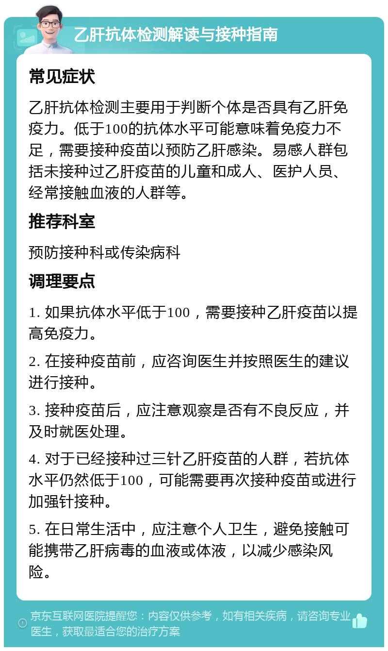 乙肝抗体检测解读与接种指南 常见症状 乙肝抗体检测主要用于判断个体是否具有乙肝免疫力。低于100的抗体水平可能意味着免疫力不足，需要接种疫苗以预防乙肝感染。易感人群包括未接种过乙肝疫苗的儿童和成人、医护人员、经常接触血液的人群等。 推荐科室 预防接种科或传染病科 调理要点 1. 如果抗体水平低于100，需要接种乙肝疫苗以提高免疫力。 2. 在接种疫苗前，应咨询医生并按照医生的建议进行接种。 3. 接种疫苗后，应注意观察是否有不良反应，并及时就医处理。 4. 对于已经接种过三针乙肝疫苗的人群，若抗体水平仍然低于100，可能需要再次接种疫苗或进行加强针接种。 5. 在日常生活中，应注意个人卫生，避免接触可能携带乙肝病毒的血液或体液，以减少感染风险。