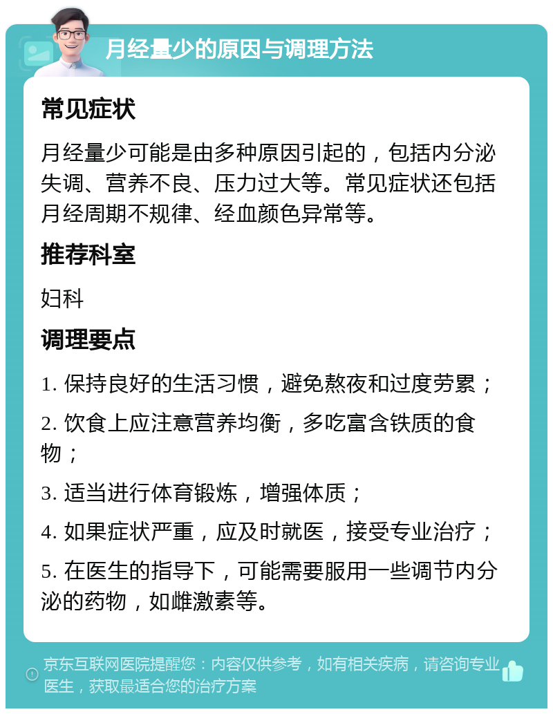 月经量少的原因与调理方法 常见症状 月经量少可能是由多种原因引起的，包括内分泌失调、营养不良、压力过大等。常见症状还包括月经周期不规律、经血颜色异常等。 推荐科室 妇科 调理要点 1. 保持良好的生活习惯，避免熬夜和过度劳累； 2. 饮食上应注意营养均衡，多吃富含铁质的食物； 3. 适当进行体育锻炼，增强体质； 4. 如果症状严重，应及时就医，接受专业治疗； 5. 在医生的指导下，可能需要服用一些调节内分泌的药物，如雌激素等。