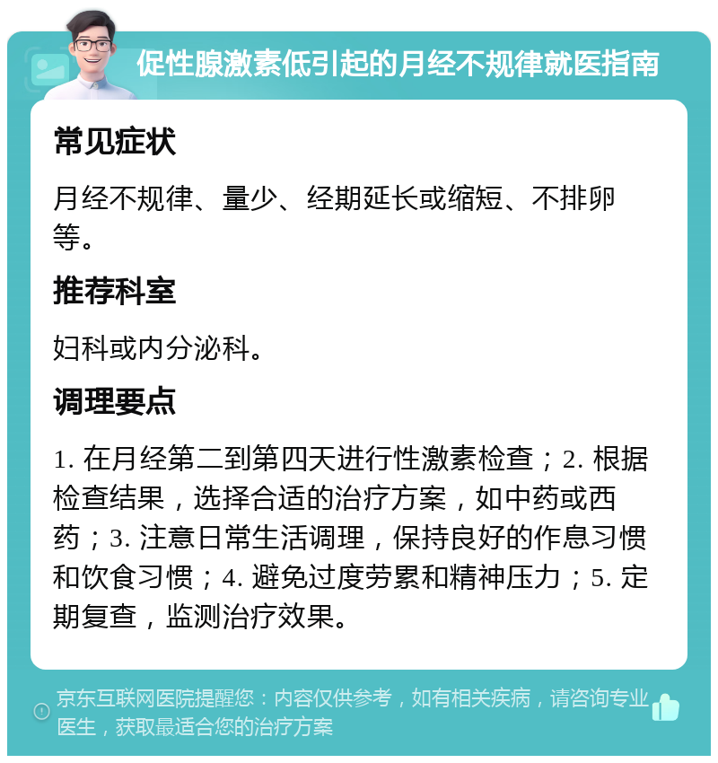 促性腺激素低引起的月经不规律就医指南 常见症状 月经不规律、量少、经期延长或缩短、不排卵等。 推荐科室 妇科或内分泌科。 调理要点 1. 在月经第二到第四天进行性激素检查；2. 根据检查结果，选择合适的治疗方案，如中药或西药；3. 注意日常生活调理，保持良好的作息习惯和饮食习惯；4. 避免过度劳累和精神压力；5. 定期复查，监测治疗效果。