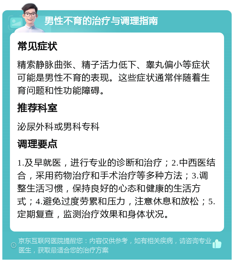 男性不育的治疗与调理指南 常见症状 精索静脉曲张、精子活力低下、睾丸偏小等症状可能是男性不育的表现。这些症状通常伴随着生育问题和性功能障碍。 推荐科室 泌尿外科或男科专科 调理要点 1.及早就医，进行专业的诊断和治疗；2.中西医结合，采用药物治疗和手术治疗等多种方法；3.调整生活习惯，保持良好的心态和健康的生活方式；4.避免过度劳累和压力，注意休息和放松；5.定期复查，监测治疗效果和身体状况。