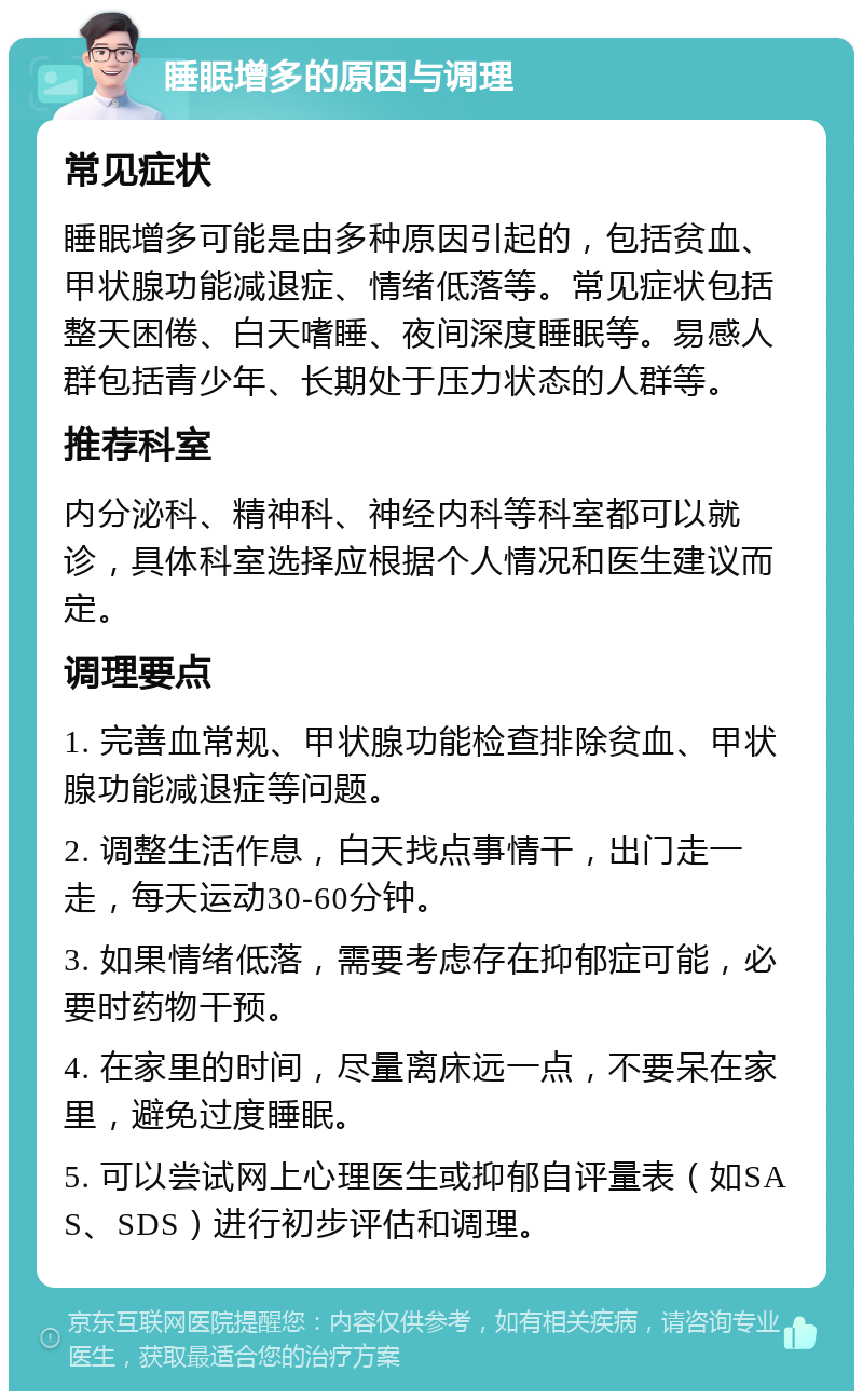 睡眠增多的原因与调理 常见症状 睡眠增多可能是由多种原因引起的，包括贫血、甲状腺功能减退症、情绪低落等。常见症状包括整天困倦、白天嗜睡、夜间深度睡眠等。易感人群包括青少年、长期处于压力状态的人群等。 推荐科室 内分泌科、精神科、神经内科等科室都可以就诊，具体科室选择应根据个人情况和医生建议而定。 调理要点 1. 完善血常规、甲状腺功能检查排除贫血、甲状腺功能减退症等问题。 2. 调整生活作息，白天找点事情干，出门走一走，每天运动30-60分钟。 3. 如果情绪低落，需要考虑存在抑郁症可能，必要时药物干预。 4. 在家里的时间，尽量离床远一点，不要呆在家里，避免过度睡眠。 5. 可以尝试网上心理医生或抑郁自评量表（如SAS、SDS）进行初步评估和调理。