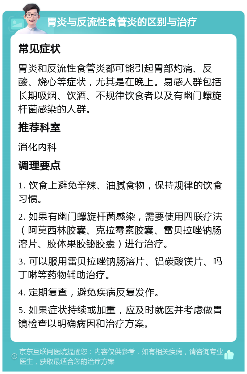 胃炎与反流性食管炎的区别与治疗 常见症状 胃炎和反流性食管炎都可能引起胃部灼痛、反酸、烧心等症状，尤其是在晚上。易感人群包括长期吸烟、饮酒、不规律饮食者以及有幽门螺旋杆菌感染的人群。 推荐科室 消化内科 调理要点 1. 饮食上避免辛辣、油腻食物，保持规律的饮食习惯。 2. 如果有幽门螺旋杆菌感染，需要使用四联疗法（阿莫西林胶囊、克拉霉素胶囊、雷贝拉唑钠肠溶片、胶体果胶铋胶囊）进行治疗。 3. 可以服用雷贝拉唑钠肠溶片、铝碳酸镁片、吗丁啉等药物辅助治疗。 4. 定期复查，避免疾病反复发作。 5. 如果症状持续或加重，应及时就医并考虑做胃镜检查以明确病因和治疗方案。