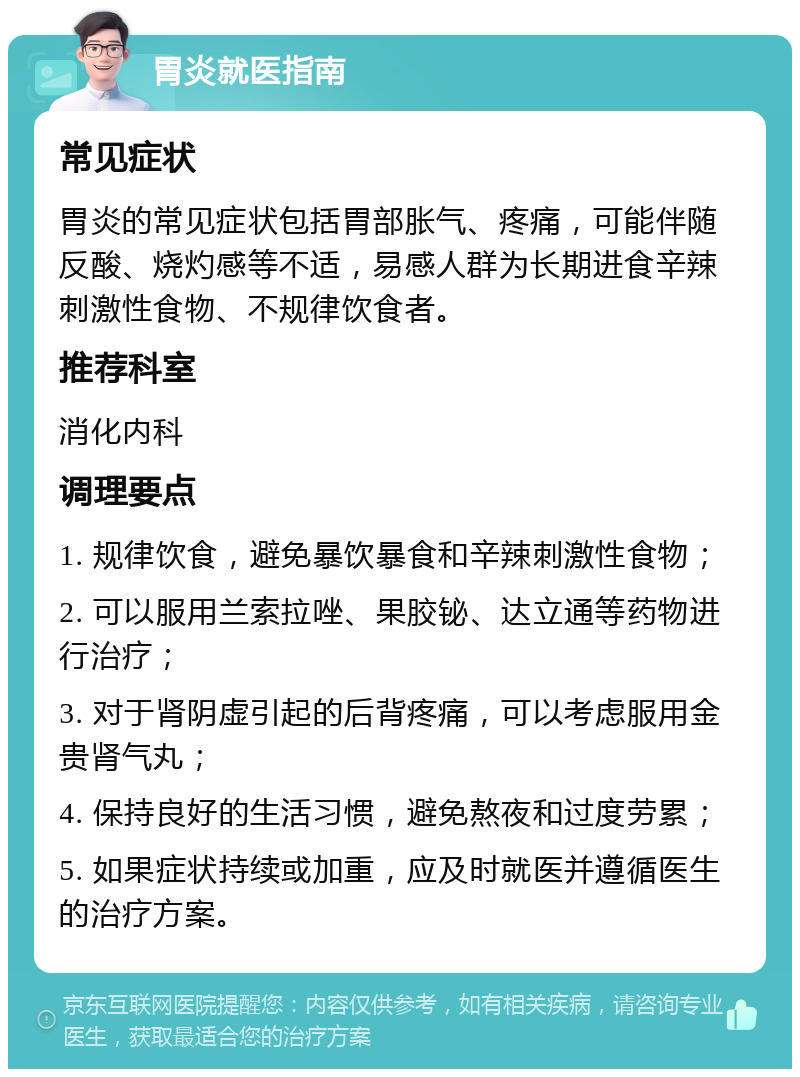 胃炎就医指南 常见症状 胃炎的常见症状包括胃部胀气、疼痛，可能伴随反酸、烧灼感等不适，易感人群为长期进食辛辣刺激性食物、不规律饮食者。 推荐科室 消化内科 调理要点 1. 规律饮食，避免暴饮暴食和辛辣刺激性食物； 2. 可以服用兰索拉唑、果胶铋、达立通等药物进行治疗； 3. 对于肾阴虚引起的后背疼痛，可以考虑服用金贵肾气丸； 4. 保持良好的生活习惯，避免熬夜和过度劳累； 5. 如果症状持续或加重，应及时就医并遵循医生的治疗方案。