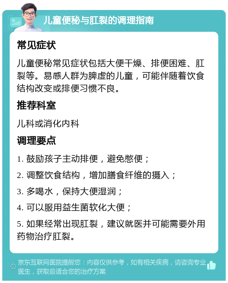 儿童便秘与肛裂的调理指南 常见症状 儿童便秘常见症状包括大便干燥、排便困难、肛裂等。易感人群为脾虚的儿童，可能伴随着饮食结构改变或排便习惯不良。 推荐科室 儿科或消化内科 调理要点 1. 鼓励孩子主动排便，避免憋便； 2. 调整饮食结构，增加膳食纤维的摄入； 3. 多喝水，保持大便湿润； 4. 可以服用益生菌软化大便； 5. 如果经常出现肛裂，建议就医并可能需要外用药物治疗肛裂。