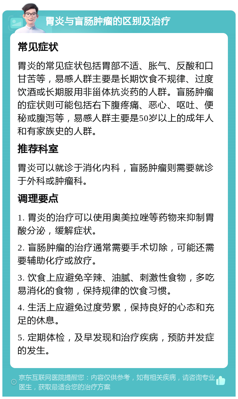 胃炎与盲肠肿瘤的区别及治疗 常见症状 胃炎的常见症状包括胃部不适、胀气、反酸和口甘苦等，易感人群主要是长期饮食不规律、过度饮酒或长期服用非甾体抗炎药的人群。盲肠肿瘤的症状则可能包括右下腹疼痛、恶心、呕吐、便秘或腹泻等，易感人群主要是50岁以上的成年人和有家族史的人群。 推荐科室 胃炎可以就诊于消化内科，盲肠肿瘤则需要就诊于外科或肿瘤科。 调理要点 1. 胃炎的治疗可以使用奥美拉唑等药物来抑制胃酸分泌，缓解症状。 2. 盲肠肿瘤的治疗通常需要手术切除，可能还需要辅助化疗或放疗。 3. 饮食上应避免辛辣、油腻、刺激性食物，多吃易消化的食物，保持规律的饮食习惯。 4. 生活上应避免过度劳累，保持良好的心态和充足的休息。 5. 定期体检，及早发现和治疗疾病，预防并发症的发生。