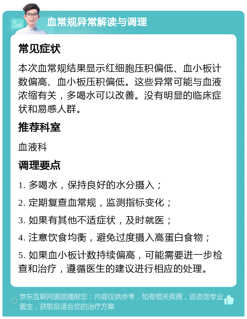 血常规异常解读与调理 常见症状 本次血常规结果显示红细胞压积偏低、血小板计数偏高、血小板压积偏低。这些异常可能与血液浓缩有关，多喝水可以改善。没有明显的临床症状和易感人群。 推荐科室 血液科 调理要点 1. 多喝水，保持良好的水分摄入； 2. 定期复查血常规，监测指标变化； 3. 如果有其他不适症状，及时就医； 4. 注意饮食均衡，避免过度摄入高蛋白食物； 5. 如果血小板计数持续偏高，可能需要进一步检查和治疗，遵循医生的建议进行相应的处理。