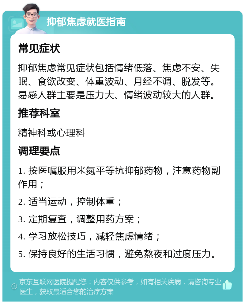 抑郁焦虑就医指南 常见症状 抑郁焦虑常见症状包括情绪低落、焦虑不安、失眠、食欲改变、体重波动、月经不调、脱发等。易感人群主要是压力大、情绪波动较大的人群。 推荐科室 精神科或心理科 调理要点 1. 按医嘱服用米氮平等抗抑郁药物，注意药物副作用； 2. 适当运动，控制体重； 3. 定期复查，调整用药方案； 4. 学习放松技巧，减轻焦虑情绪； 5. 保持良好的生活习惯，避免熬夜和过度压力。