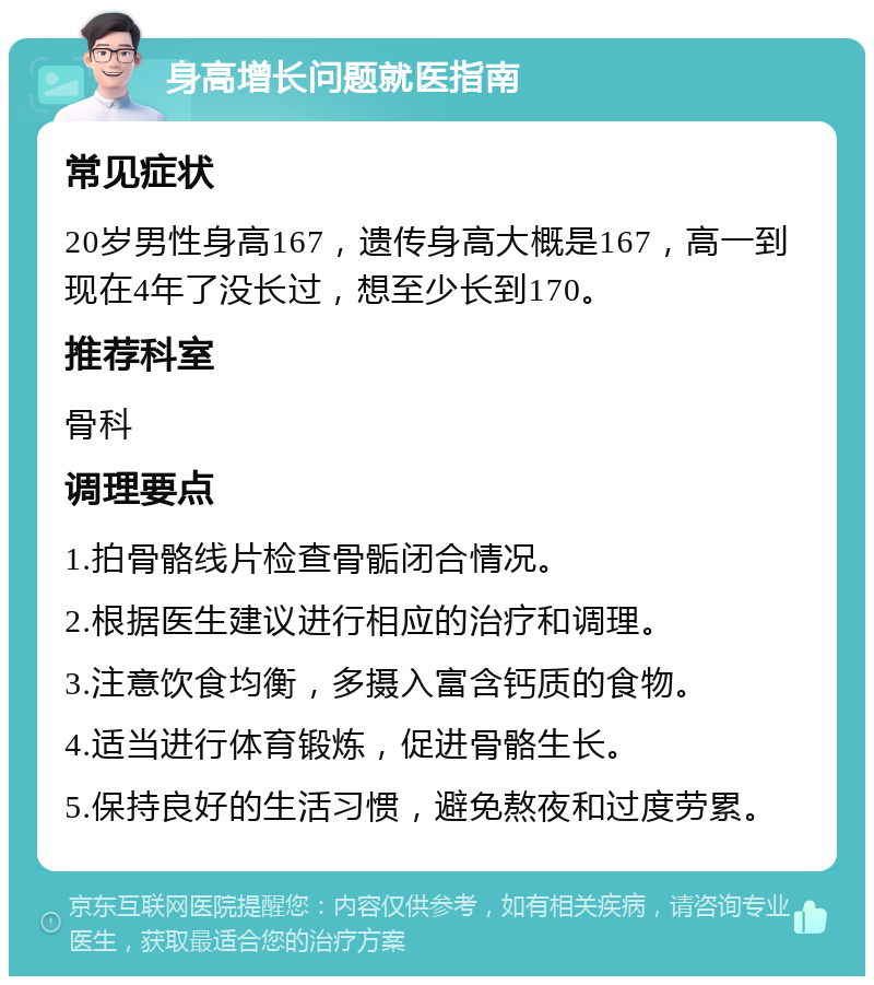 身高增长问题就医指南 常见症状 20岁男性身高167，遗传身高大概是167，高一到现在4年了没长过，想至少长到170。 推荐科室 骨科 调理要点 1.拍骨骼线片检查骨骺闭合情况。 2.根据医生建议进行相应的治疗和调理。 3.注意饮食均衡，多摄入富含钙质的食物。 4.适当进行体育锻炼，促进骨骼生长。 5.保持良好的生活习惯，避免熬夜和过度劳累。