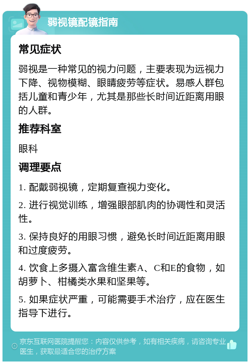 弱视镜配镜指南 常见症状 弱视是一种常见的视力问题，主要表现为远视力下降、视物模糊、眼睛疲劳等症状。易感人群包括儿童和青少年，尤其是那些长时间近距离用眼的人群。 推荐科室 眼科 调理要点 1. 配戴弱视镜，定期复查视力变化。 2. 进行视觉训练，增强眼部肌肉的协调性和灵活性。 3. 保持良好的用眼习惯，避免长时间近距离用眼和过度疲劳。 4. 饮食上多摄入富含维生素A、C和E的食物，如胡萝卜、柑橘类水果和坚果等。 5. 如果症状严重，可能需要手术治疗，应在医生指导下进行。