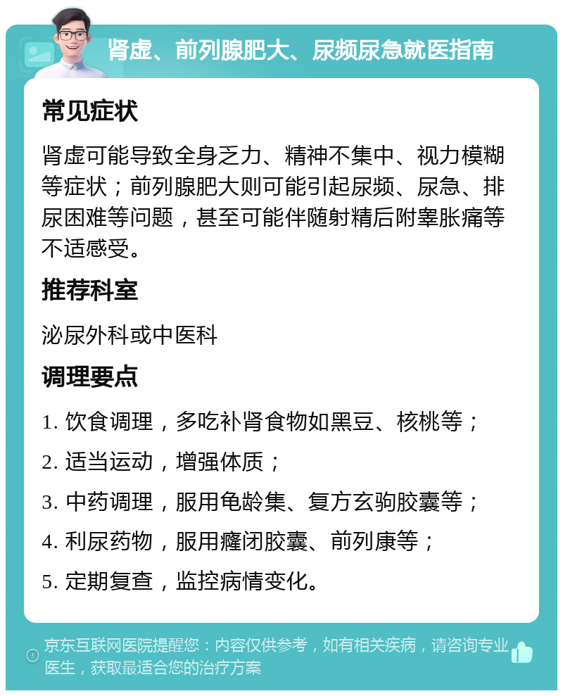 肾虚、前列腺肥大、尿频尿急就医指南 常见症状 肾虚可能导致全身乏力、精神不集中、视力模糊等症状；前列腺肥大则可能引起尿频、尿急、排尿困难等问题，甚至可能伴随射精后附睾胀痛等不适感受。 推荐科室 泌尿外科或中医科 调理要点 1. 饮食调理，多吃补肾食物如黑豆、核桃等； 2. 适当运动，增强体质； 3. 中药调理，服用龟龄集、复方玄驹胶囊等； 4. 利尿药物，服用癃闭胶囊、前列康等； 5. 定期复查，监控病情变化。