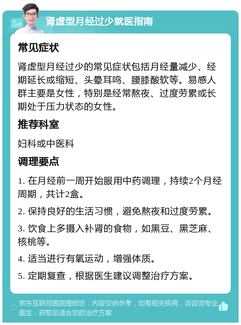 肾虚型月经过少就医指南 常见症状 肾虚型月经过少的常见症状包括月经量减少、经期延长或缩短、头晕耳鸣、腰膝酸软等。易感人群主要是女性，特别是经常熬夜、过度劳累或长期处于压力状态的女性。 推荐科室 妇科或中医科 调理要点 1. 在月经前一周开始服用中药调理，持续2个月经周期，共计2盒。 2. 保持良好的生活习惯，避免熬夜和过度劳累。 3. 饮食上多摄入补肾的食物，如黑豆、黑芝麻、核桃等。 4. 适当进行有氧运动，增强体质。 5. 定期复查，根据医生建议调整治疗方案。