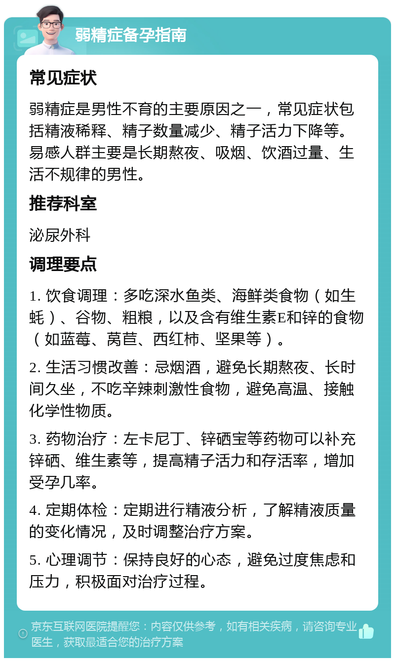 弱精症备孕指南 常见症状 弱精症是男性不育的主要原因之一，常见症状包括精液稀释、精子数量减少、精子活力下降等。易感人群主要是长期熬夜、吸烟、饮酒过量、生活不规律的男性。 推荐科室 泌尿外科 调理要点 1. 饮食调理：多吃深水鱼类、海鲜类食物（如生蚝）、谷物、粗粮，以及含有维生素E和锌的食物（如蓝莓、莴苣、西红柿、坚果等）。 2. 生活习惯改善：忌烟酒，避免长期熬夜、长时间久坐，不吃辛辣刺激性食物，避免高温、接触化学性物质。 3. 药物治疗：左卡尼丁、锌硒宝等药物可以补充锌硒、维生素等，提高精子活力和存活率，增加受孕几率。 4. 定期体检：定期进行精液分析，了解精液质量的变化情况，及时调整治疗方案。 5. 心理调节：保持良好的心态，避免过度焦虑和压力，积极面对治疗过程。