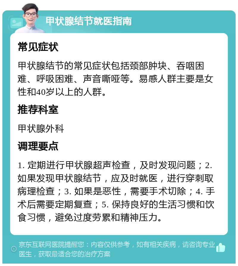 甲状腺结节就医指南 常见症状 甲状腺结节的常见症状包括颈部肿块、吞咽困难、呼吸困难、声音嘶哑等。易感人群主要是女性和40岁以上的人群。 推荐科室 甲状腺外科 调理要点 1. 定期进行甲状腺超声检查，及时发现问题；2. 如果发现甲状腺结节，应及时就医，进行穿刺取病理检查；3. 如果是恶性，需要手术切除；4. 手术后需要定期复查；5. 保持良好的生活习惯和饮食习惯，避免过度劳累和精神压力。