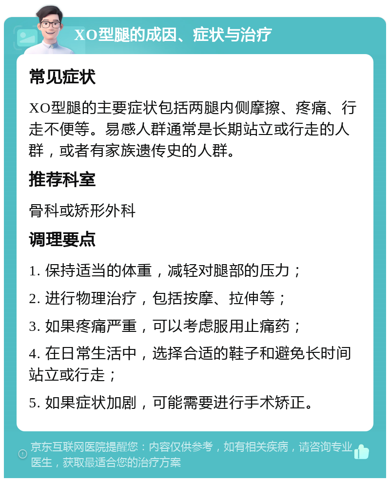 XO型腿的成因、症状与治疗 常见症状 XO型腿的主要症状包括两腿内侧摩擦、疼痛、行走不便等。易感人群通常是长期站立或行走的人群，或者有家族遗传史的人群。 推荐科室 骨科或矫形外科 调理要点 1. 保持适当的体重，减轻对腿部的压力； 2. 进行物理治疗，包括按摩、拉伸等； 3. 如果疼痛严重，可以考虑服用止痛药； 4. 在日常生活中，选择合适的鞋子和避免长时间站立或行走； 5. 如果症状加剧，可能需要进行手术矫正。