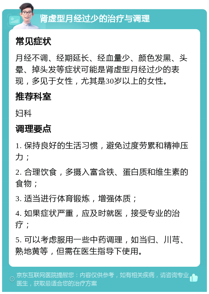 肾虚型月经过少的治疗与调理 常见症状 月经不调、经期延长、经血量少、颜色发黑、头晕、掉头发等症状可能是肾虚型月经过少的表现，多见于女性，尤其是30岁以上的女性。 推荐科室 妇科 调理要点 1. 保持良好的生活习惯，避免过度劳累和精神压力； 2. 合理饮食，多摄入富含铁、蛋白质和维生素的食物； 3. 适当进行体育锻炼，增强体质； 4. 如果症状严重，应及时就医，接受专业的治疗； 5. 可以考虑服用一些中药调理，如当归、川芎、熟地黄等，但需在医生指导下使用。