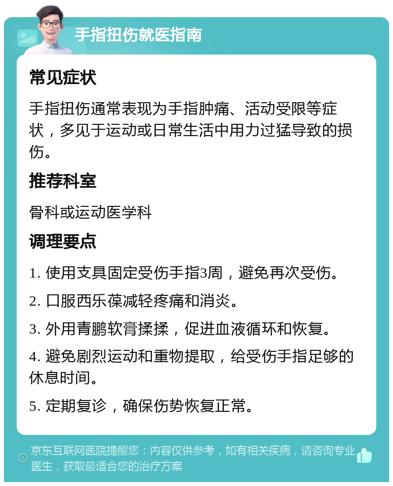 手指扭伤就医指南 常见症状 手指扭伤通常表现为手指肿痛、活动受限等症状，多见于运动或日常生活中用力过猛导致的损伤。 推荐科室 骨科或运动医学科 调理要点 1. 使用支具固定受伤手指3周，避免再次受伤。 2. 口服西乐葆减轻疼痛和消炎。 3. 外用青鹏软膏揉揉，促进血液循环和恢复。 4. 避免剧烈运动和重物提取，给受伤手指足够的休息时间。 5. 定期复诊，确保伤势恢复正常。