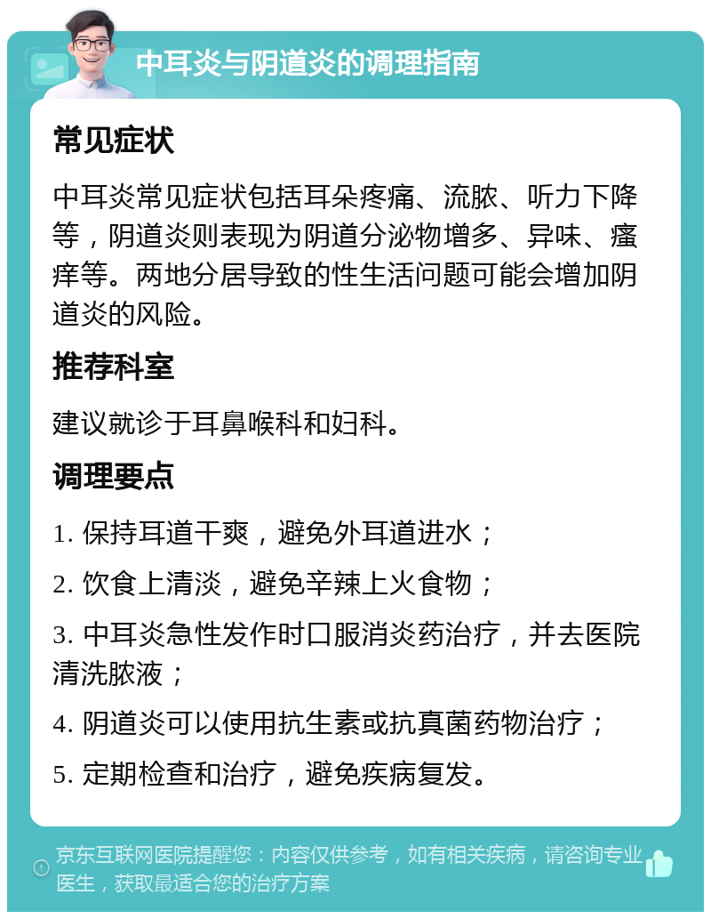 中耳炎与阴道炎的调理指南 常见症状 中耳炎常见症状包括耳朵疼痛、流脓、听力下降等，阴道炎则表现为阴道分泌物增多、异味、瘙痒等。两地分居导致的性生活问题可能会增加阴道炎的风险。 推荐科室 建议就诊于耳鼻喉科和妇科。 调理要点 1. 保持耳道干爽，避免外耳道进水； 2. 饮食上清淡，避免辛辣上火食物； 3. 中耳炎急性发作时口服消炎药治疗，并去医院清洗脓液； 4. 阴道炎可以使用抗生素或抗真菌药物治疗； 5. 定期检查和治疗，避免疾病复发。