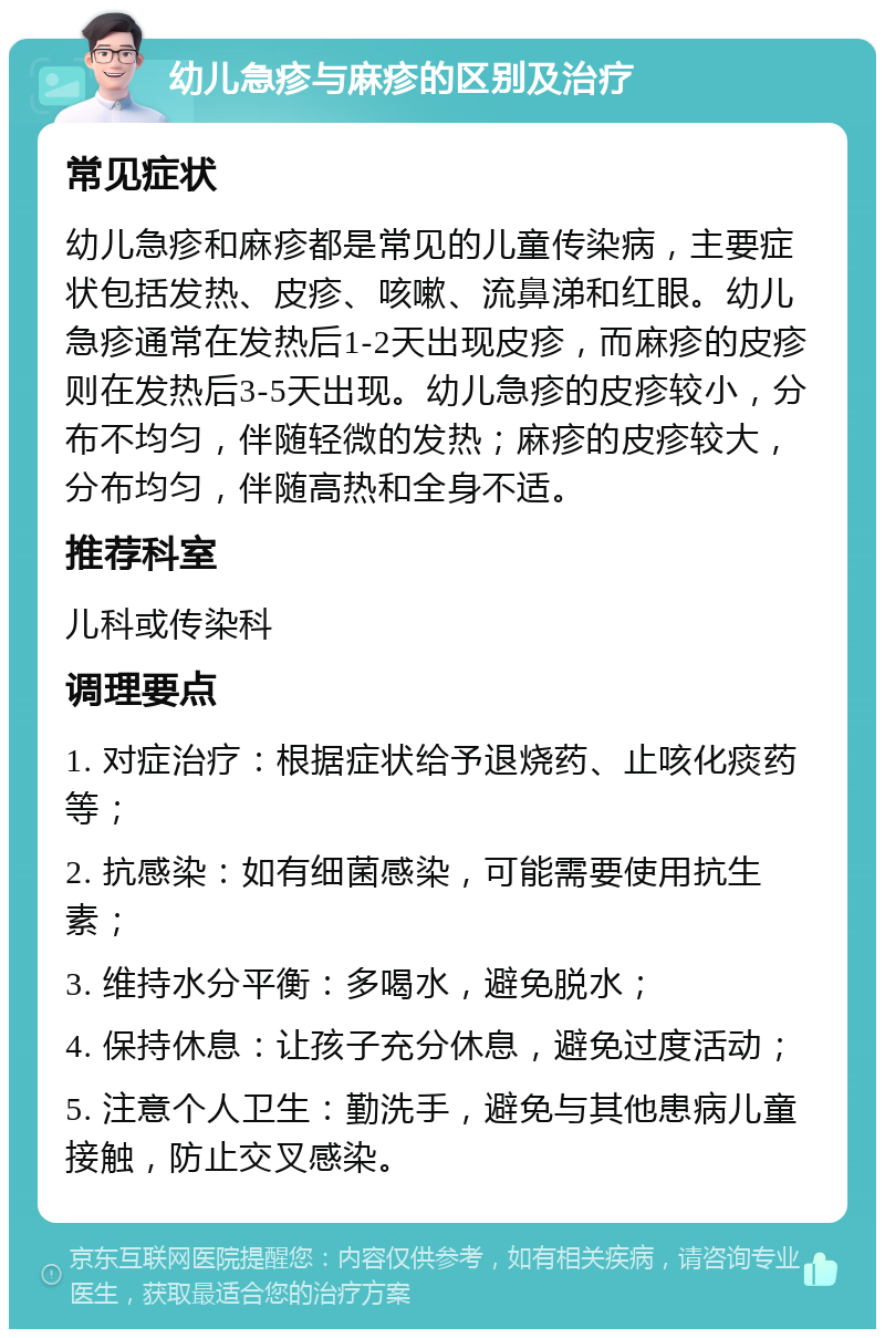 幼儿急疹与麻疹的区别及治疗 常见症状 幼儿急疹和麻疹都是常见的儿童传染病，主要症状包括发热、皮疹、咳嗽、流鼻涕和红眼。幼儿急疹通常在发热后1-2天出现皮疹，而麻疹的皮疹则在发热后3-5天出现。幼儿急疹的皮疹较小，分布不均匀，伴随轻微的发热；麻疹的皮疹较大，分布均匀，伴随高热和全身不适。 推荐科室 儿科或传染科 调理要点 1. 对症治疗：根据症状给予退烧药、止咳化痰药等； 2. 抗感染：如有细菌感染，可能需要使用抗生素； 3. 维持水分平衡：多喝水，避免脱水； 4. 保持休息：让孩子充分休息，避免过度活动； 5. 注意个人卫生：勤洗手，避免与其他患病儿童接触，防止交叉感染。