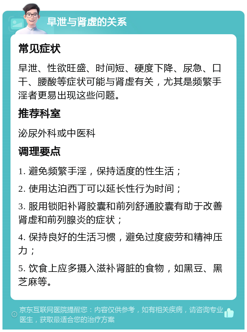 早泄与肾虚的关系 常见症状 早泄、性欲旺盛、时间短、硬度下降、尿急、口干、腰酸等症状可能与肾虚有关，尤其是频繁手淫者更易出现这些问题。 推荐科室 泌尿外科或中医科 调理要点 1. 避免频繁手淫，保持适度的性生活； 2. 使用达泊西丁可以延长性行为时间； 3. 服用锁阳补肾胶囊和前列舒通胶囊有助于改善肾虚和前列腺炎的症状； 4. 保持良好的生活习惯，避免过度疲劳和精神压力； 5. 饮食上应多摄入滋补肾脏的食物，如黑豆、黑芝麻等。