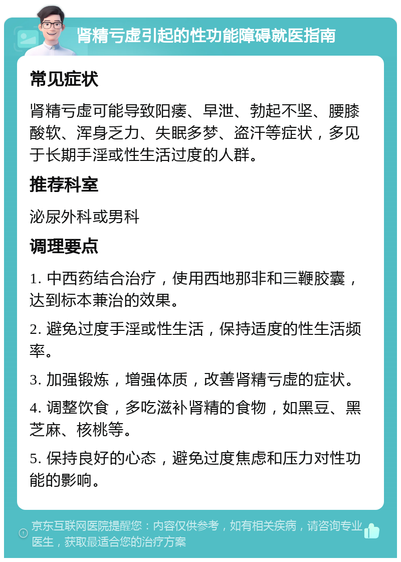 肾精亏虚引起的性功能障碍就医指南 常见症状 肾精亏虚可能导致阳痿、早泄、勃起不坚、腰膝酸软、浑身乏力、失眠多梦、盗汗等症状，多见于长期手淫或性生活过度的人群。 推荐科室 泌尿外科或男科 调理要点 1. 中西药结合治疗，使用西地那非和三鞭胶囊，达到标本兼治的效果。 2. 避免过度手淫或性生活，保持适度的性生活频率。 3. 加强锻炼，增强体质，改善肾精亏虚的症状。 4. 调整饮食，多吃滋补肾精的食物，如黑豆、黑芝麻、核桃等。 5. 保持良好的心态，避免过度焦虑和压力对性功能的影响。