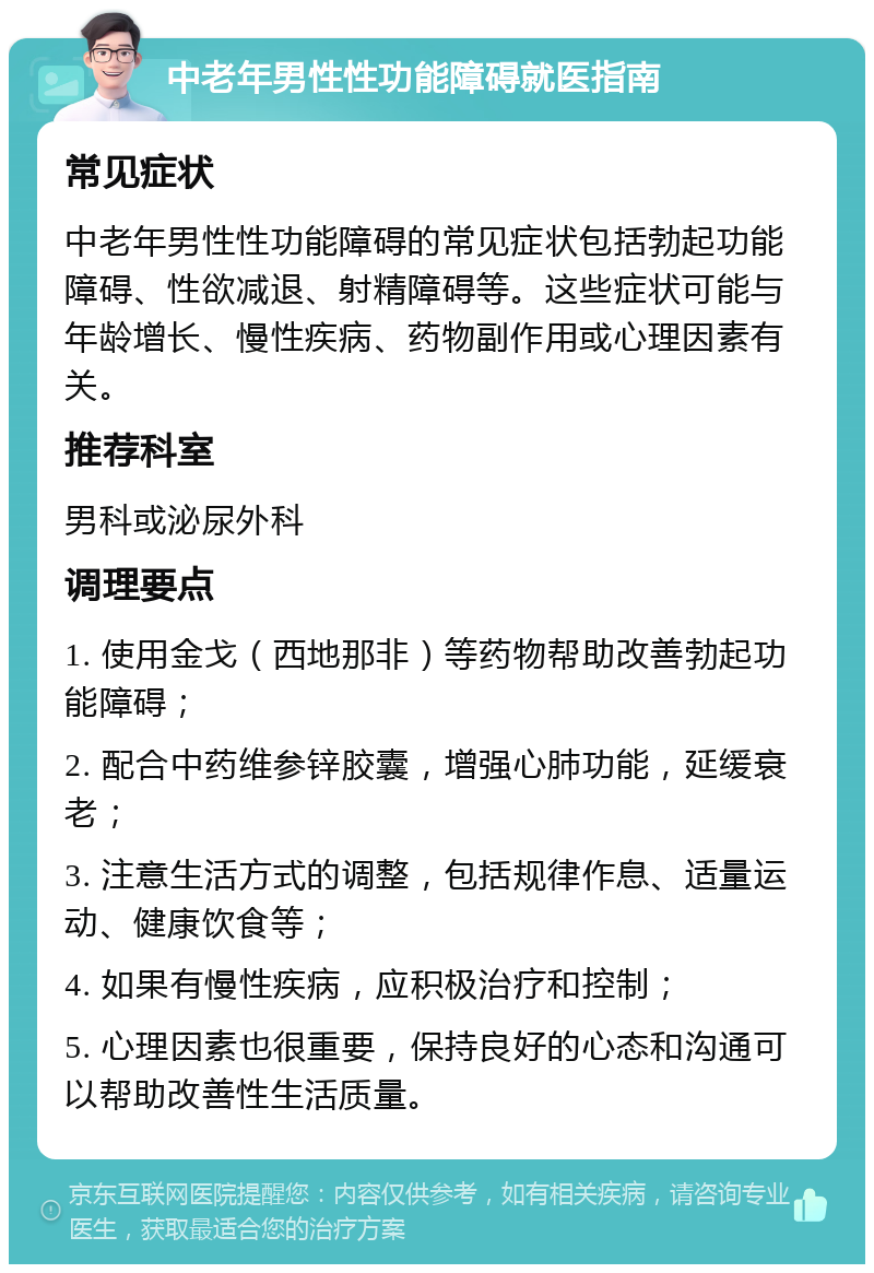 中老年男性性功能障碍就医指南 常见症状 中老年男性性功能障碍的常见症状包括勃起功能障碍、性欲减退、射精障碍等。这些症状可能与年龄增长、慢性疾病、药物副作用或心理因素有关。 推荐科室 男科或泌尿外科 调理要点 1. 使用金戈（西地那非）等药物帮助改善勃起功能障碍； 2. 配合中药维参锌胶囊，增强心肺功能，延缓衰老； 3. 注意生活方式的调整，包括规律作息、适量运动、健康饮食等； 4. 如果有慢性疾病，应积极治疗和控制； 5. 心理因素也很重要，保持良好的心态和沟通可以帮助改善性生活质量。