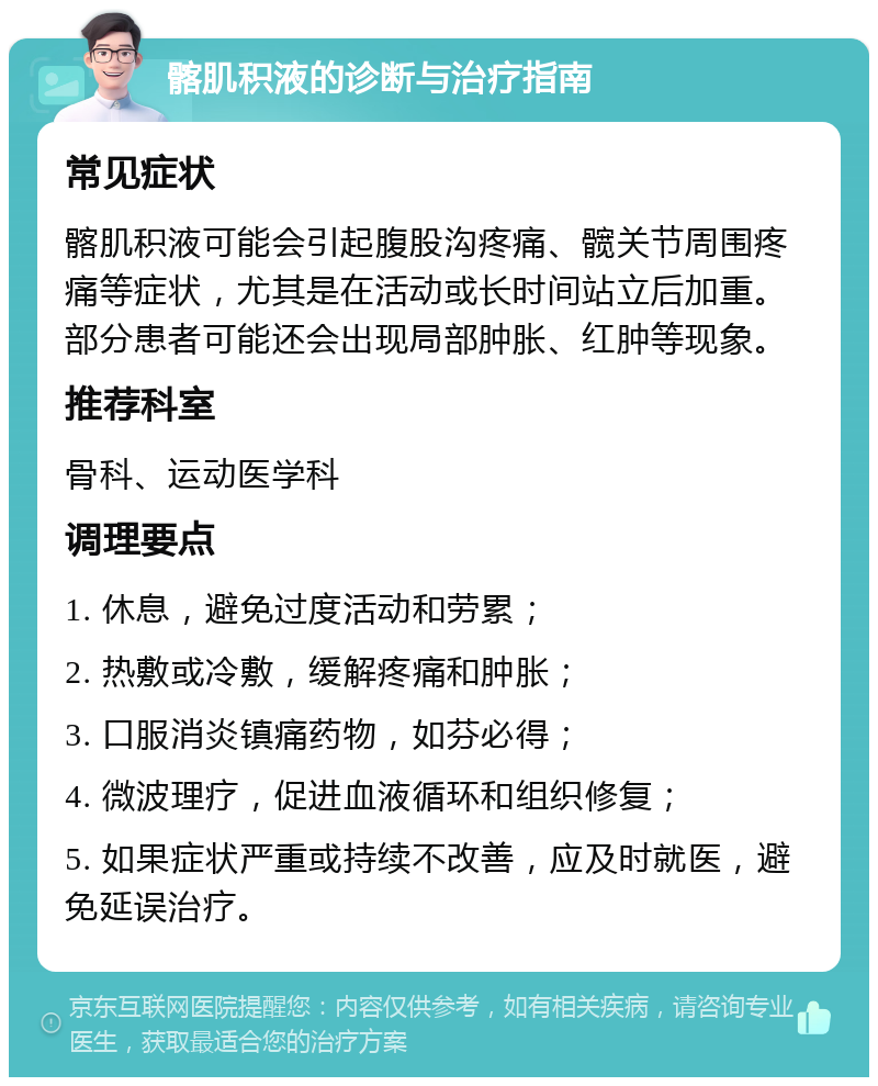 髂肌积液的诊断与治疗指南 常见症状 髂肌积液可能会引起腹股沟疼痛、髋关节周围疼痛等症状，尤其是在活动或长时间站立后加重。部分患者可能还会出现局部肿胀、红肿等现象。 推荐科室 骨科、运动医学科 调理要点 1. 休息，避免过度活动和劳累； 2. 热敷或冷敷，缓解疼痛和肿胀； 3. 口服消炎镇痛药物，如芬必得； 4. 微波理疗，促进血液循环和组织修复； 5. 如果症状严重或持续不改善，应及时就医，避免延误治疗。