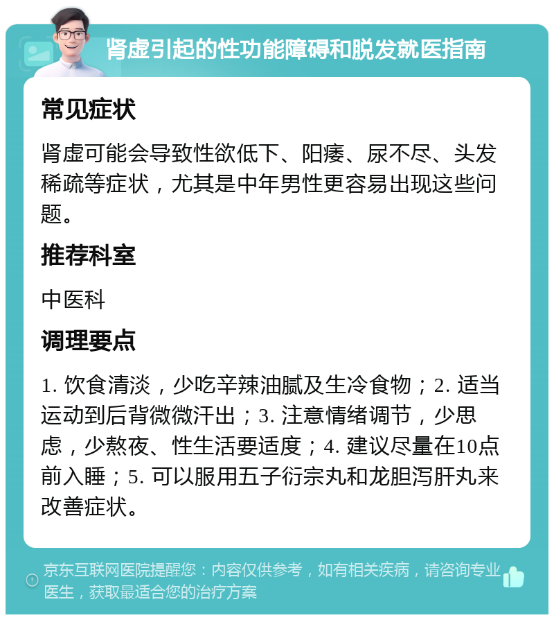 肾虚引起的性功能障碍和脱发就医指南 常见症状 肾虚可能会导致性欲低下、阳痿、尿不尽、头发稀疏等症状，尤其是中年男性更容易出现这些问题。 推荐科室 中医科 调理要点 1. 饮食清淡，少吃辛辣油腻及生冷食物；2. 适当运动到后背微微汗出；3. 注意情绪调节，少思虑，少熬夜、性生活要适度；4. 建议尽量在10点前入睡；5. 可以服用五子衍宗丸和龙胆泻肝丸来改善症状。