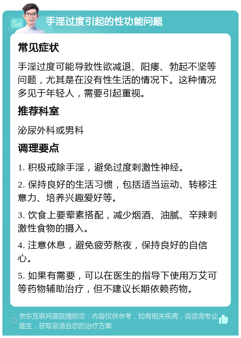 手淫过度引起的性功能问题 常见症状 手淫过度可能导致性欲减退、阳痿、勃起不坚等问题，尤其是在没有性生活的情况下。这种情况多见于年轻人，需要引起重视。 推荐科室 泌尿外科或男科 调理要点 1. 积极戒除手淫，避免过度刺激性神经。 2. 保持良好的生活习惯，包括适当运动、转移注意力、培养兴趣爱好等。 3. 饮食上要荤素搭配，减少烟酒、油腻、辛辣刺激性食物的摄入。 4. 注意休息，避免疲劳熬夜，保持良好的自信心。 5. 如果有需要，可以在医生的指导下使用万艾可等药物辅助治疗，但不建议长期依赖药物。