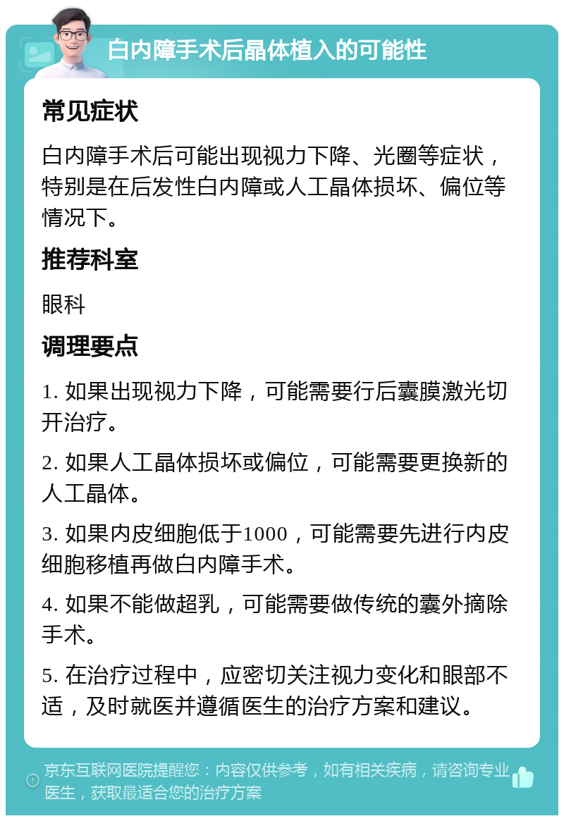 白内障手术后晶体植入的可能性 常见症状 白内障手术后可能出现视力下降、光圈等症状，特别是在后发性白内障或人工晶体损坏、偏位等情况下。 推荐科室 眼科 调理要点 1. 如果出现视力下降，可能需要行后囊膜激光切开治疗。 2. 如果人工晶体损坏或偏位，可能需要更换新的人工晶体。 3. 如果内皮细胞低于1000，可能需要先进行内皮细胞移植再做白内障手术。 4. 如果不能做超乳，可能需要做传统的囊外摘除手术。 5. 在治疗过程中，应密切关注视力变化和眼部不适，及时就医并遵循医生的治疗方案和建议。