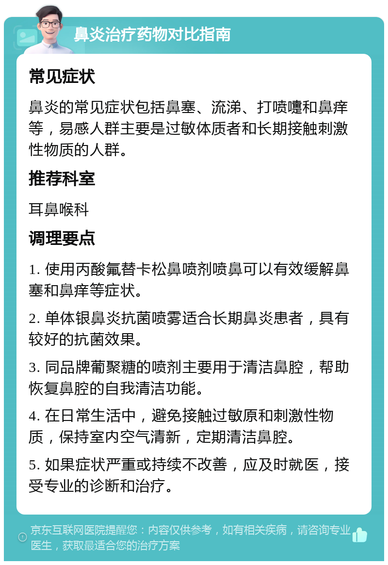 鼻炎治疗药物对比指南 常见症状 鼻炎的常见症状包括鼻塞、流涕、打喷嚏和鼻痒等，易感人群主要是过敏体质者和长期接触刺激性物质的人群。 推荐科室 耳鼻喉科 调理要点 1. 使用丙酸氟替卡松鼻喷剂喷鼻可以有效缓解鼻塞和鼻痒等症状。 2. 单体银鼻炎抗菌喷雾适合长期鼻炎患者，具有较好的抗菌效果。 3. 同品牌葡聚糖的喷剂主要用于清洁鼻腔，帮助恢复鼻腔的自我清洁功能。 4. 在日常生活中，避免接触过敏原和刺激性物质，保持室内空气清新，定期清洁鼻腔。 5. 如果症状严重或持续不改善，应及时就医，接受专业的诊断和治疗。