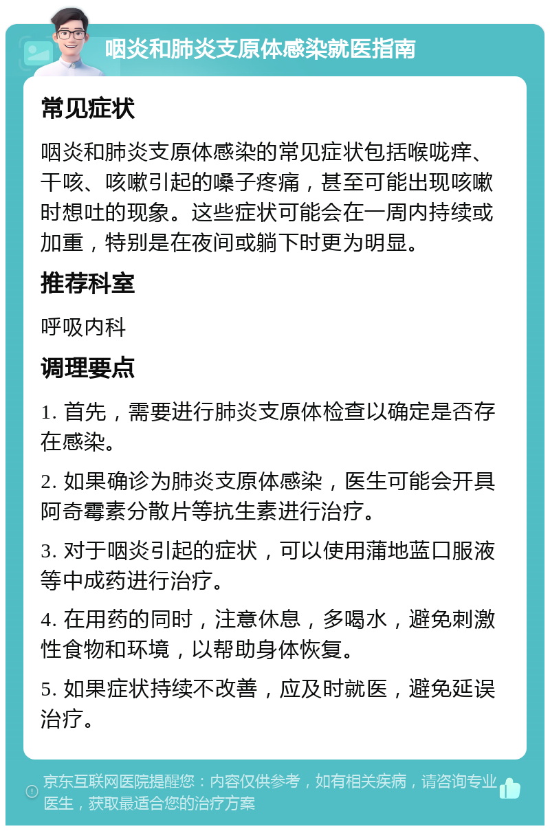 咽炎和肺炎支原体感染就医指南 常见症状 咽炎和肺炎支原体感染的常见症状包括喉咙痒、干咳、咳嗽引起的嗓子疼痛，甚至可能出现咳嗽时想吐的现象。这些症状可能会在一周内持续或加重，特别是在夜间或躺下时更为明显。 推荐科室 呼吸内科 调理要点 1. 首先，需要进行肺炎支原体检查以确定是否存在感染。 2. 如果确诊为肺炎支原体感染，医生可能会开具阿奇霉素分散片等抗生素进行治疗。 3. 对于咽炎引起的症状，可以使用蒲地蓝口服液等中成药进行治疗。 4. 在用药的同时，注意休息，多喝水，避免刺激性食物和环境，以帮助身体恢复。 5. 如果症状持续不改善，应及时就医，避免延误治疗。