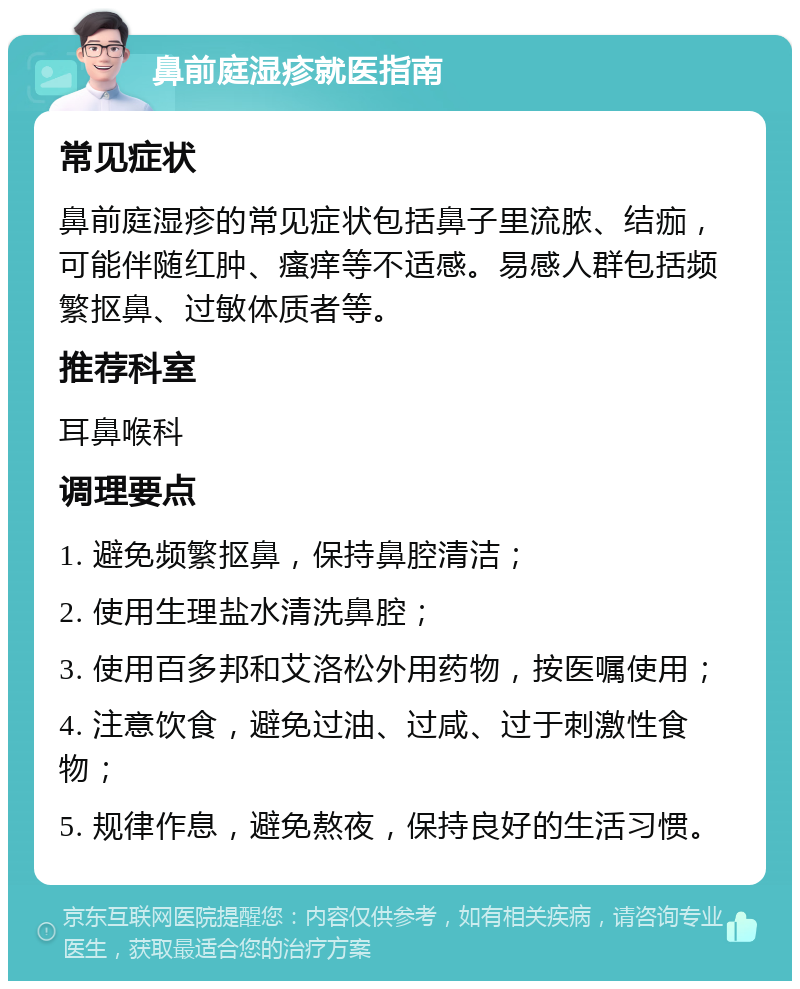 鼻前庭湿疹就医指南 常见症状 鼻前庭湿疹的常见症状包括鼻子里流脓、结痂，可能伴随红肿、瘙痒等不适感。易感人群包括频繁抠鼻、过敏体质者等。 推荐科室 耳鼻喉科 调理要点 1. 避免频繁抠鼻，保持鼻腔清洁； 2. 使用生理盐水清洗鼻腔； 3. 使用百多邦和艾洛松外用药物，按医嘱使用； 4. 注意饮食，避免过油、过咸、过于刺激性食物； 5. 规律作息，避免熬夜，保持良好的生活习惯。