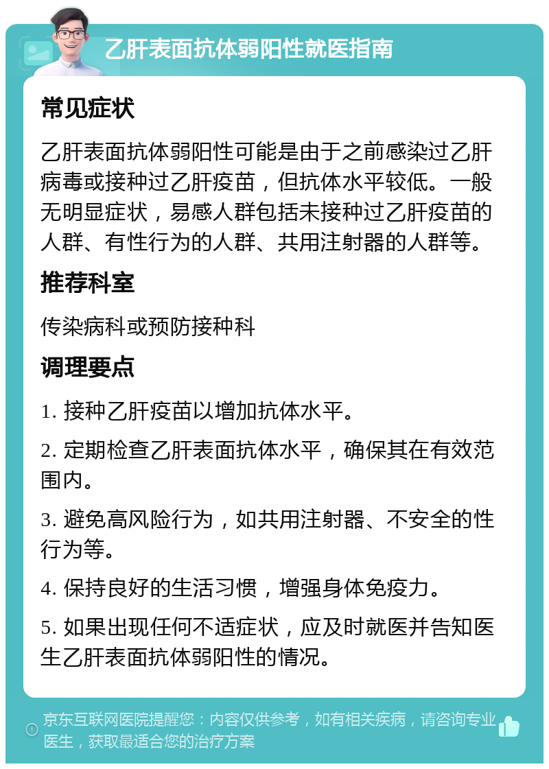 乙肝表面抗体弱阳性就医指南 常见症状 乙肝表面抗体弱阳性可能是由于之前感染过乙肝病毒或接种过乙肝疫苗，但抗体水平较低。一般无明显症状，易感人群包括未接种过乙肝疫苗的人群、有性行为的人群、共用注射器的人群等。 推荐科室 传染病科或预防接种科 调理要点 1. 接种乙肝疫苗以增加抗体水平。 2. 定期检查乙肝表面抗体水平，确保其在有效范围内。 3. 避免高风险行为，如共用注射器、不安全的性行为等。 4. 保持良好的生活习惯，增强身体免疫力。 5. 如果出现任何不适症状，应及时就医并告知医生乙肝表面抗体弱阳性的情况。