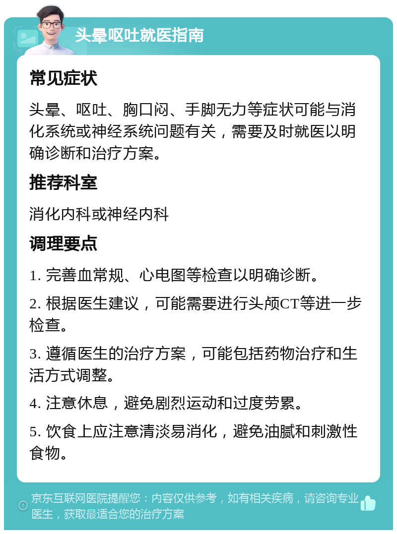 头晕呕吐就医指南 常见症状 头晕、呕吐、胸口闷、手脚无力等症状可能与消化系统或神经系统问题有关，需要及时就医以明确诊断和治疗方案。 推荐科室 消化内科或神经内科 调理要点 1. 完善血常规、心电图等检查以明确诊断。 2. 根据医生建议，可能需要进行头颅CT等进一步检查。 3. 遵循医生的治疗方案，可能包括药物治疗和生活方式调整。 4. 注意休息，避免剧烈运动和过度劳累。 5. 饮食上应注意清淡易消化，避免油腻和刺激性食物。