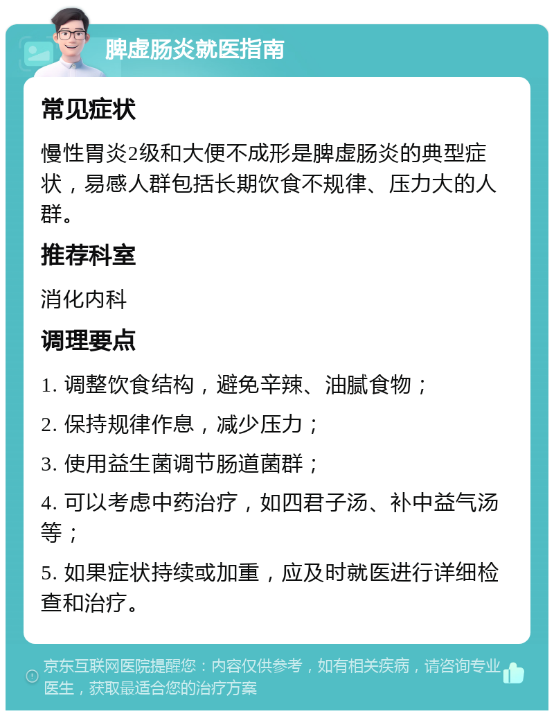 脾虚肠炎就医指南 常见症状 慢性胃炎2级和大便不成形是脾虚肠炎的典型症状，易感人群包括长期饮食不规律、压力大的人群。 推荐科室 消化内科 调理要点 1. 调整饮食结构，避免辛辣、油腻食物； 2. 保持规律作息，减少压力； 3. 使用益生菌调节肠道菌群； 4. 可以考虑中药治疗，如四君子汤、补中益气汤等； 5. 如果症状持续或加重，应及时就医进行详细检查和治疗。