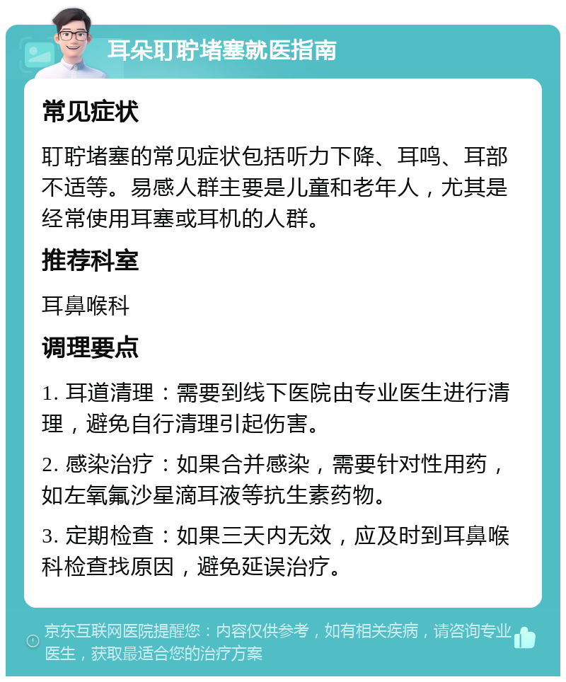 耳朵耵聍堵塞就医指南 常见症状 耵聍堵塞的常见症状包括听力下降、耳鸣、耳部不适等。易感人群主要是儿童和老年人，尤其是经常使用耳塞或耳机的人群。 推荐科室 耳鼻喉科 调理要点 1. 耳道清理：需要到线下医院由专业医生进行清理，避免自行清理引起伤害。 2. 感染治疗：如果合并感染，需要针对性用药，如左氧氟沙星滴耳液等抗生素药物。 3. 定期检查：如果三天内无效，应及时到耳鼻喉科检查找原因，避免延误治疗。