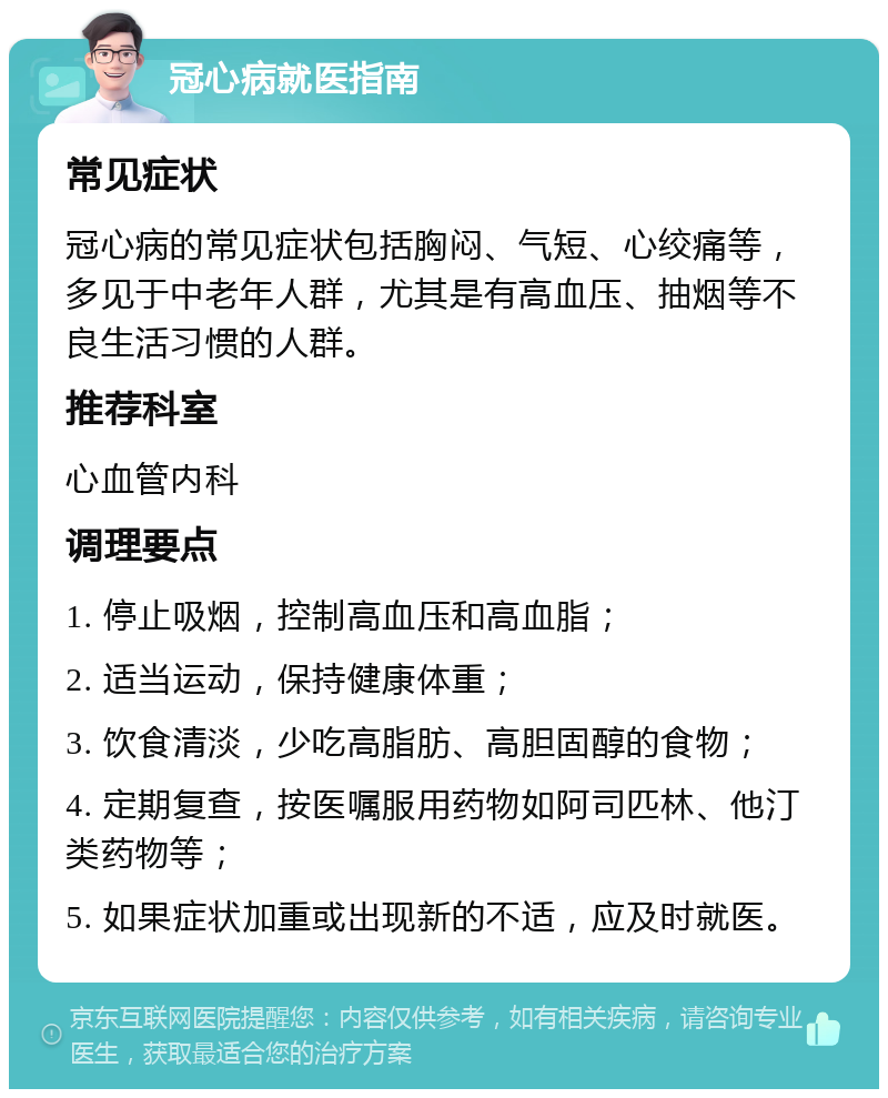 冠心病就医指南 常见症状 冠心病的常见症状包括胸闷、气短、心绞痛等，多见于中老年人群，尤其是有高血压、抽烟等不良生活习惯的人群。 推荐科室 心血管内科 调理要点 1. 停止吸烟，控制高血压和高血脂； 2. 适当运动，保持健康体重； 3. 饮食清淡，少吃高脂肪、高胆固醇的食物； 4. 定期复查，按医嘱服用药物如阿司匹林、他汀类药物等； 5. 如果症状加重或出现新的不适，应及时就医。