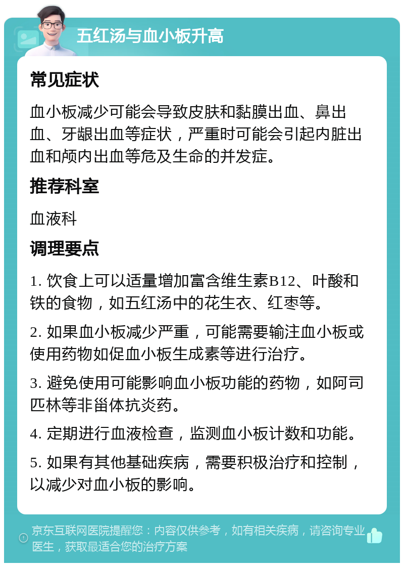 五红汤与血小板升高 常见症状 血小板减少可能会导致皮肤和黏膜出血、鼻出血、牙龈出血等症状，严重时可能会引起内脏出血和颅内出血等危及生命的并发症。 推荐科室 血液科 调理要点 1. 饮食上可以适量增加富含维生素B12、叶酸和铁的食物，如五红汤中的花生衣、红枣等。 2. 如果血小板减少严重，可能需要输注血小板或使用药物如促血小板生成素等进行治疗。 3. 避免使用可能影响血小板功能的药物，如阿司匹林等非甾体抗炎药。 4. 定期进行血液检查，监测血小板计数和功能。 5. 如果有其他基础疾病，需要积极治疗和控制，以减少对血小板的影响。