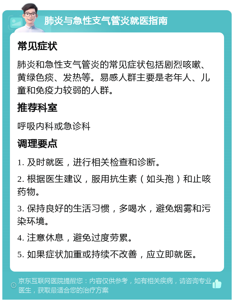 肺炎与急性支气管炎就医指南 常见症状 肺炎和急性支气管炎的常见症状包括剧烈咳嗽、黄绿色痰、发热等。易感人群主要是老年人、儿童和免疫力较弱的人群。 推荐科室 呼吸内科或急诊科 调理要点 1. 及时就医，进行相关检查和诊断。 2. 根据医生建议，服用抗生素（如头孢）和止咳药物。 3. 保持良好的生活习惯，多喝水，避免烟雾和污染环境。 4. 注意休息，避免过度劳累。 5. 如果症状加重或持续不改善，应立即就医。