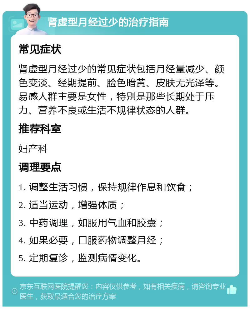 肾虚型月经过少的治疗指南 常见症状 肾虚型月经过少的常见症状包括月经量减少、颜色变淡、经期提前、脸色暗黄、皮肤无光泽等。易感人群主要是女性，特别是那些长期处于压力、营养不良或生活不规律状态的人群。 推荐科室 妇产科 调理要点 1. 调整生活习惯，保持规律作息和饮食； 2. 适当运动，增强体质； 3. 中药调理，如服用气血和胶囊； 4. 如果必要，口服药物调整月经； 5. 定期复诊，监测病情变化。