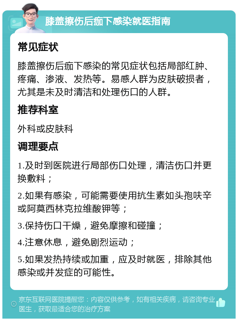 膝盖擦伤后痂下感染就医指南 常见症状 膝盖擦伤后痂下感染的常见症状包括局部红肿、疼痛、渗液、发热等。易感人群为皮肤破损者，尤其是未及时清洁和处理伤口的人群。 推荐科室 外科或皮肤科 调理要点 1.及时到医院进行局部伤口处理，清洁伤口并更换敷料； 2.如果有感染，可能需要使用抗生素如头孢呋辛或阿莫西林克拉维酸钾等； 3.保持伤口干燥，避免摩擦和碰撞； 4.注意休息，避免剧烈运动； 5.如果发热持续或加重，应及时就医，排除其他感染或并发症的可能性。