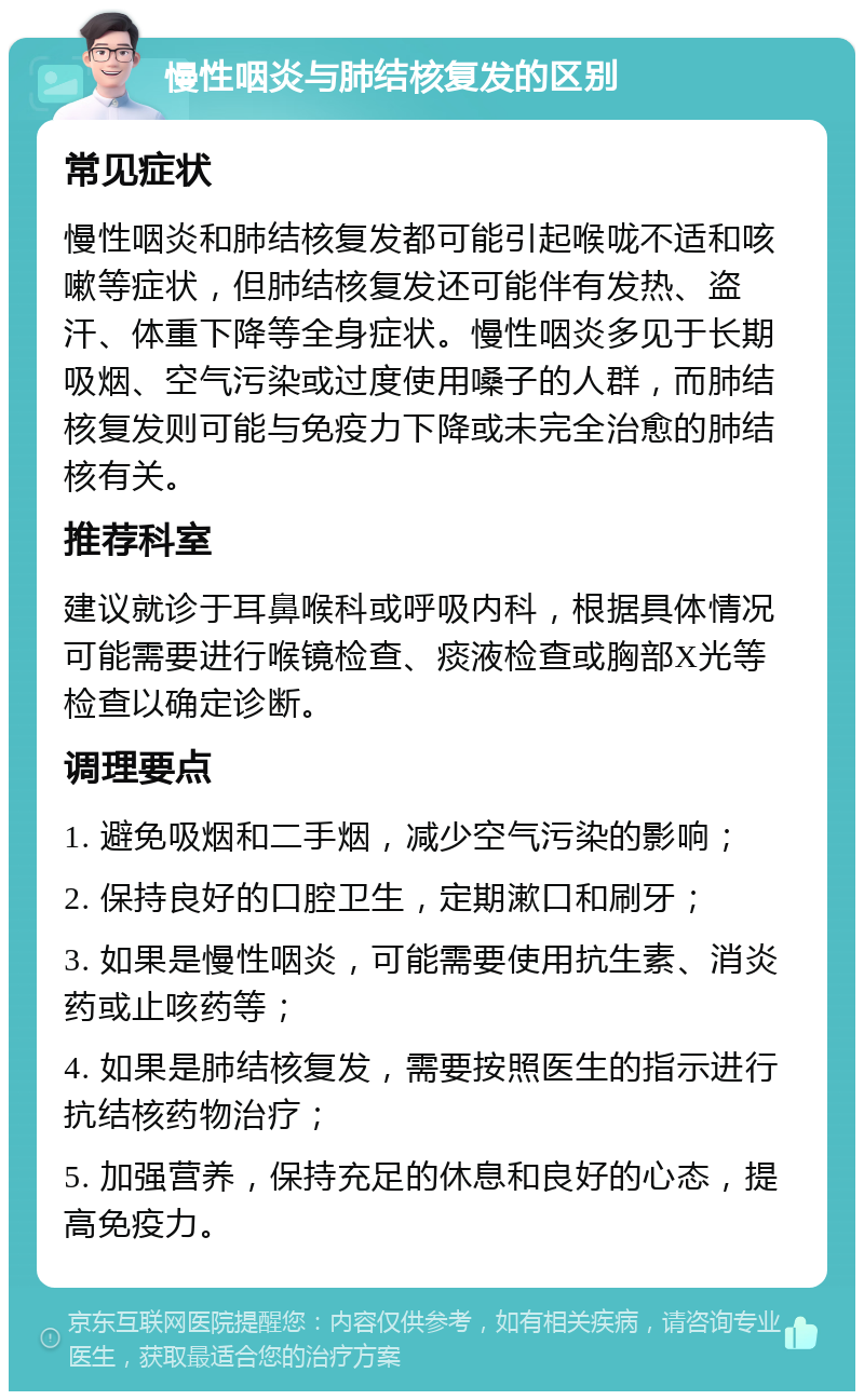 慢性咽炎与肺结核复发的区别 常见症状 慢性咽炎和肺结核复发都可能引起喉咙不适和咳嗽等症状，但肺结核复发还可能伴有发热、盗汗、体重下降等全身症状。慢性咽炎多见于长期吸烟、空气污染或过度使用嗓子的人群，而肺结核复发则可能与免疫力下降或未完全治愈的肺结核有关。 推荐科室 建议就诊于耳鼻喉科或呼吸内科，根据具体情况可能需要进行喉镜检查、痰液检查或胸部X光等检查以确定诊断。 调理要点 1. 避免吸烟和二手烟，减少空气污染的影响； 2. 保持良好的口腔卫生，定期漱口和刷牙； 3. 如果是慢性咽炎，可能需要使用抗生素、消炎药或止咳药等； 4. 如果是肺结核复发，需要按照医生的指示进行抗结核药物治疗； 5. 加强营养，保持充足的休息和良好的心态，提高免疫力。