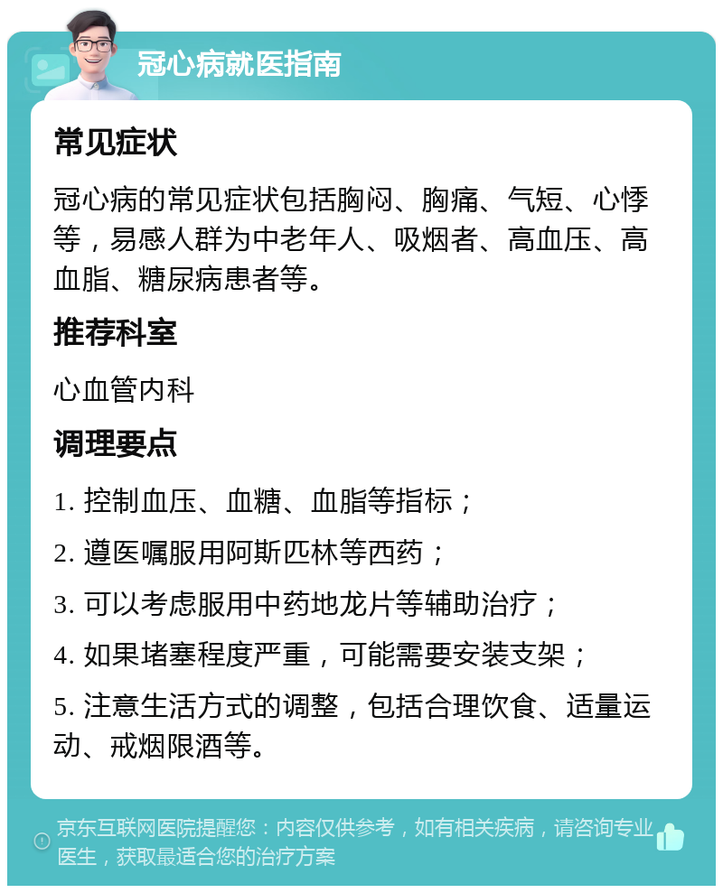 冠心病就医指南 常见症状 冠心病的常见症状包括胸闷、胸痛、气短、心悸等，易感人群为中老年人、吸烟者、高血压、高血脂、糖尿病患者等。 推荐科室 心血管内科 调理要点 1. 控制血压、血糖、血脂等指标； 2. 遵医嘱服用阿斯匹林等西药； 3. 可以考虑服用中药地龙片等辅助治疗； 4. 如果堵塞程度严重，可能需要安装支架； 5. 注意生活方式的调整，包括合理饮食、适量运动、戒烟限酒等。