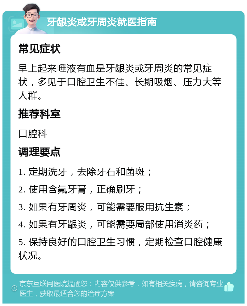 牙龈炎或牙周炎就医指南 常见症状 早上起来唾液有血是牙龈炎或牙周炎的常见症状，多见于口腔卫生不佳、长期吸烟、压力大等人群。 推荐科室 口腔科 调理要点 1. 定期洗牙，去除牙石和菌斑； 2. 使用含氟牙膏，正确刷牙； 3. 如果有牙周炎，可能需要服用抗生素； 4. 如果有牙龈炎，可能需要局部使用消炎药； 5. 保持良好的口腔卫生习惯，定期检查口腔健康状况。